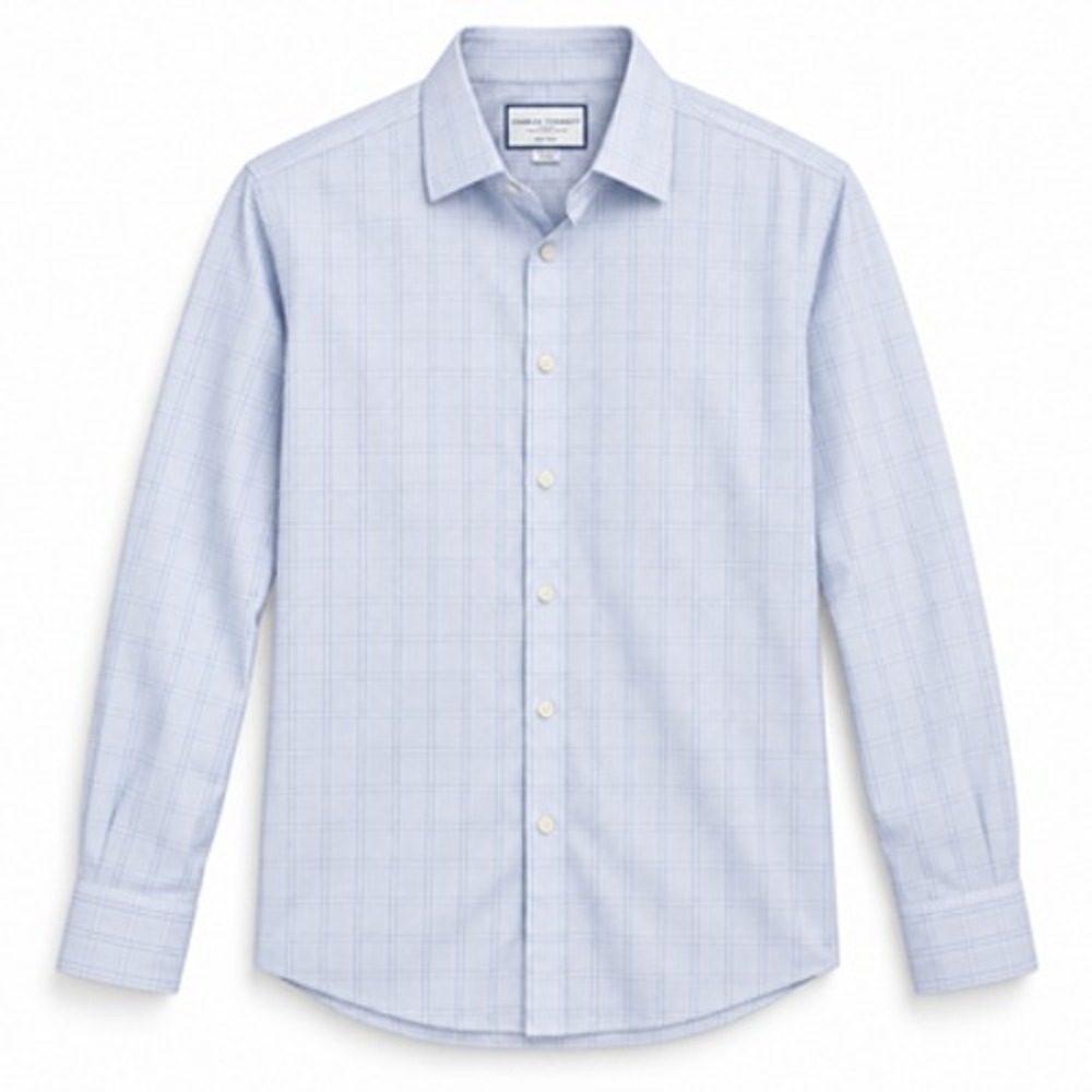 Charles Tyrwhitt Shirt Mens 17/37 Blue Windowpane Extra Slim Non Iron Cotton